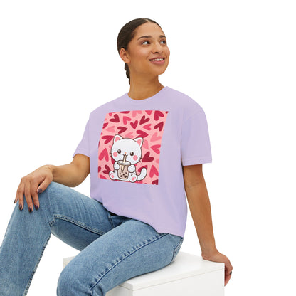 Cute Cat Bubble Tea Boxy Tee — Kawaii Heart Graphic Women's Crop T‑Shirt
