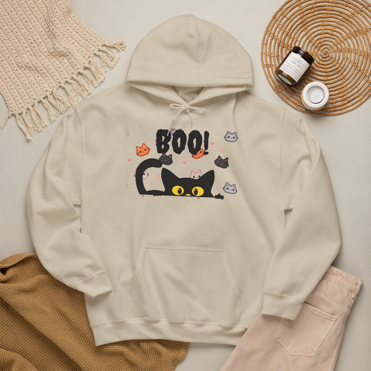 Halloween Cat 'Boo' Hoodie – Cute Spooky Black Cat Pullover