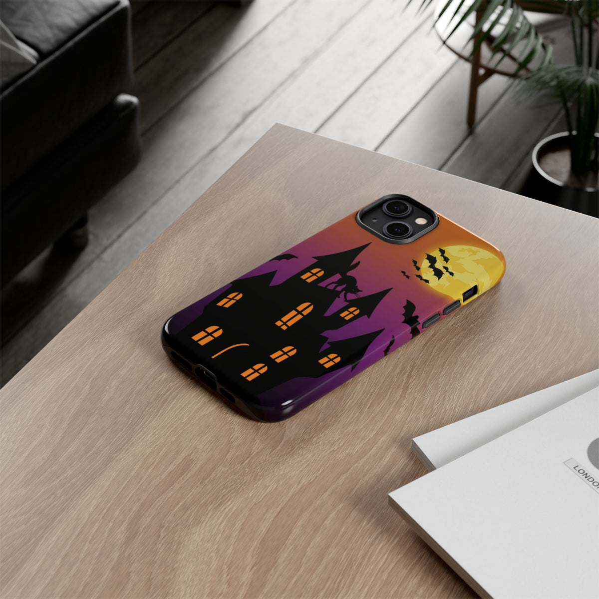 Halloween Haunted Castle Tough Phone Case — Moon, Bats & Cat iPhone Cover