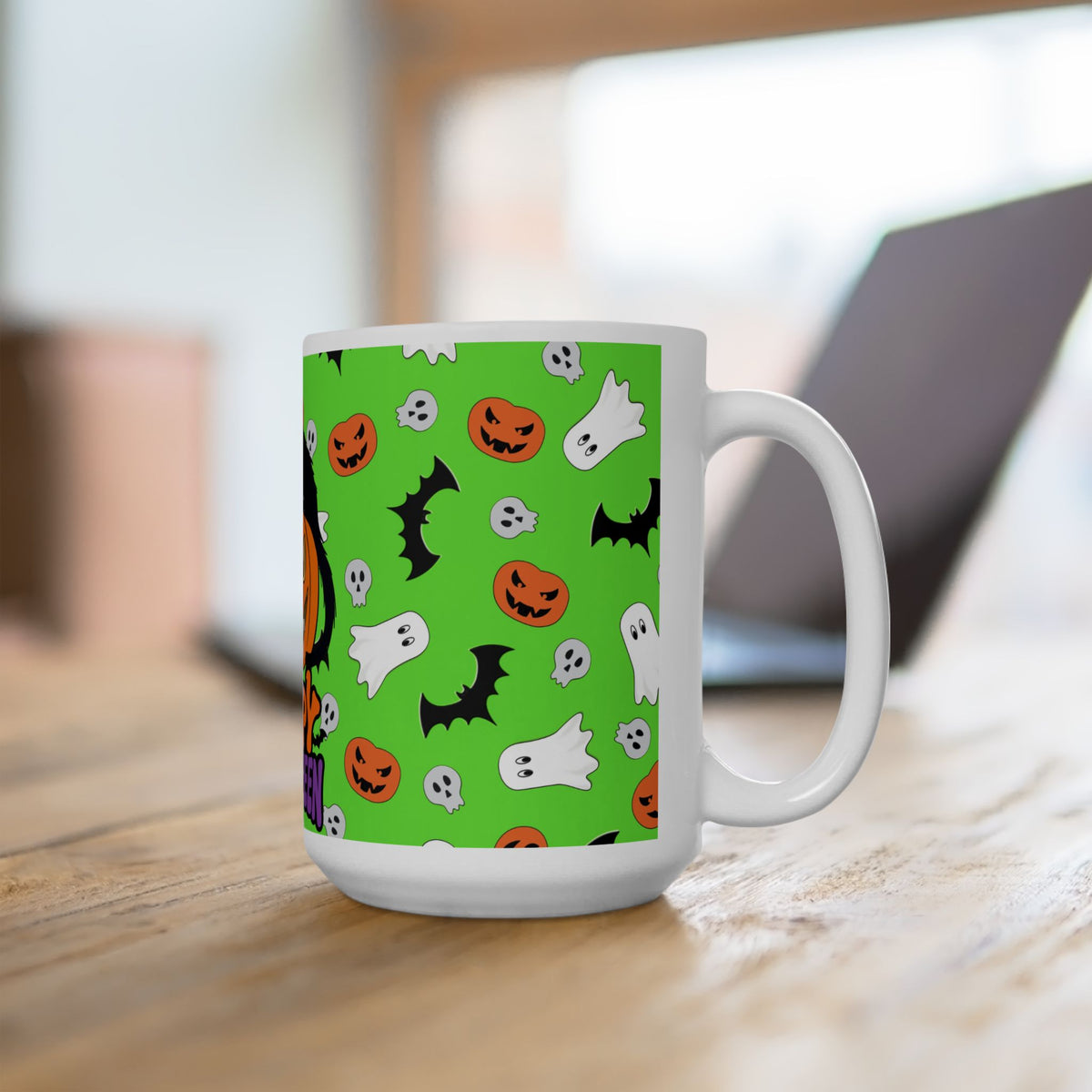 Happy Halloween Cat Pumpkin Mug — Cute Spooky Ghosts & Bats Ceramic Coffee Cup (15oz)
