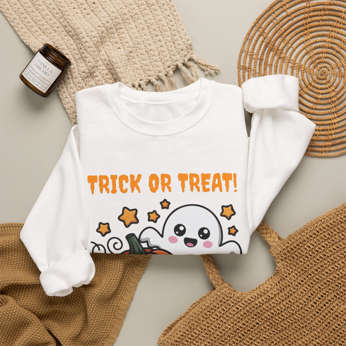 Halloween "Trick or Treat" Sweatshirt — Cute Ghost & Pumpkins Crewneck