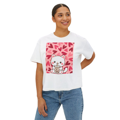 Cute Cat Bubble Tea Boxy Tee — Kawaii Heart Graphic Women's Crop T‑Shirt
