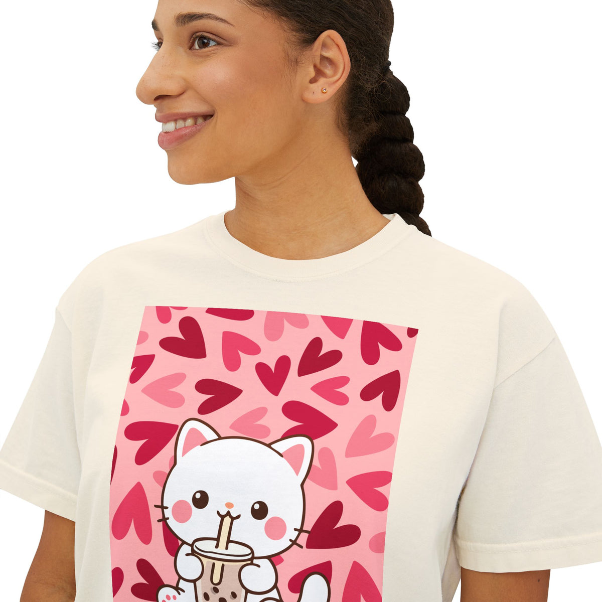 Cute Cat Bubble Tea Boxy Tee — Kawaii Heart Graphic Women's Crop T‑Shirt