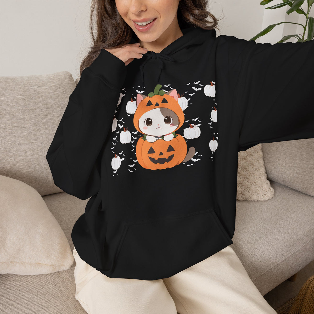 Halloween Pumpkin Cat Hoodie — Cute Jack-O'-Lantern Kitten Sweatshirt