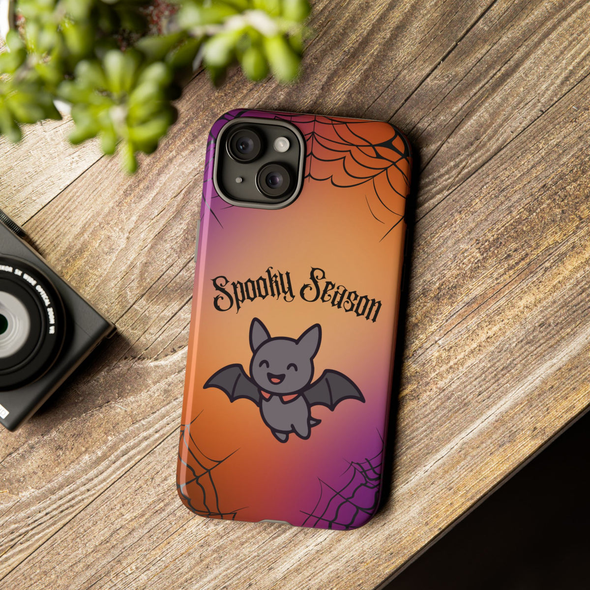 Spooky Season Cute Bat Phone Case — Halloween Gradient Spiderweb Tough Case
