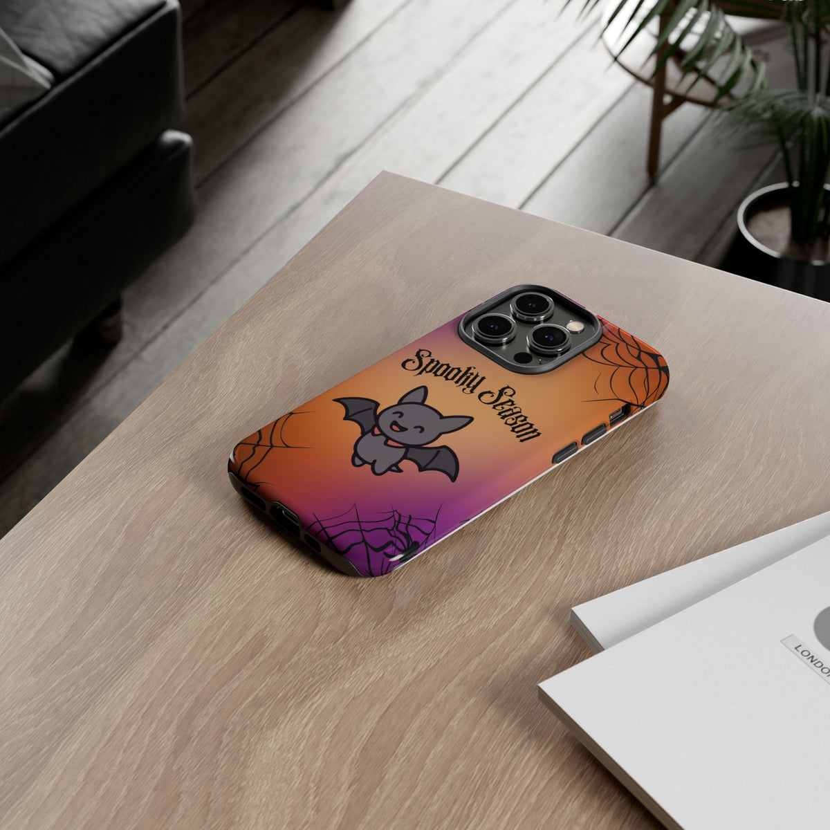 Spooky Season Cute Bat Phone Case — Halloween Gradient Spiderweb Tough Case
