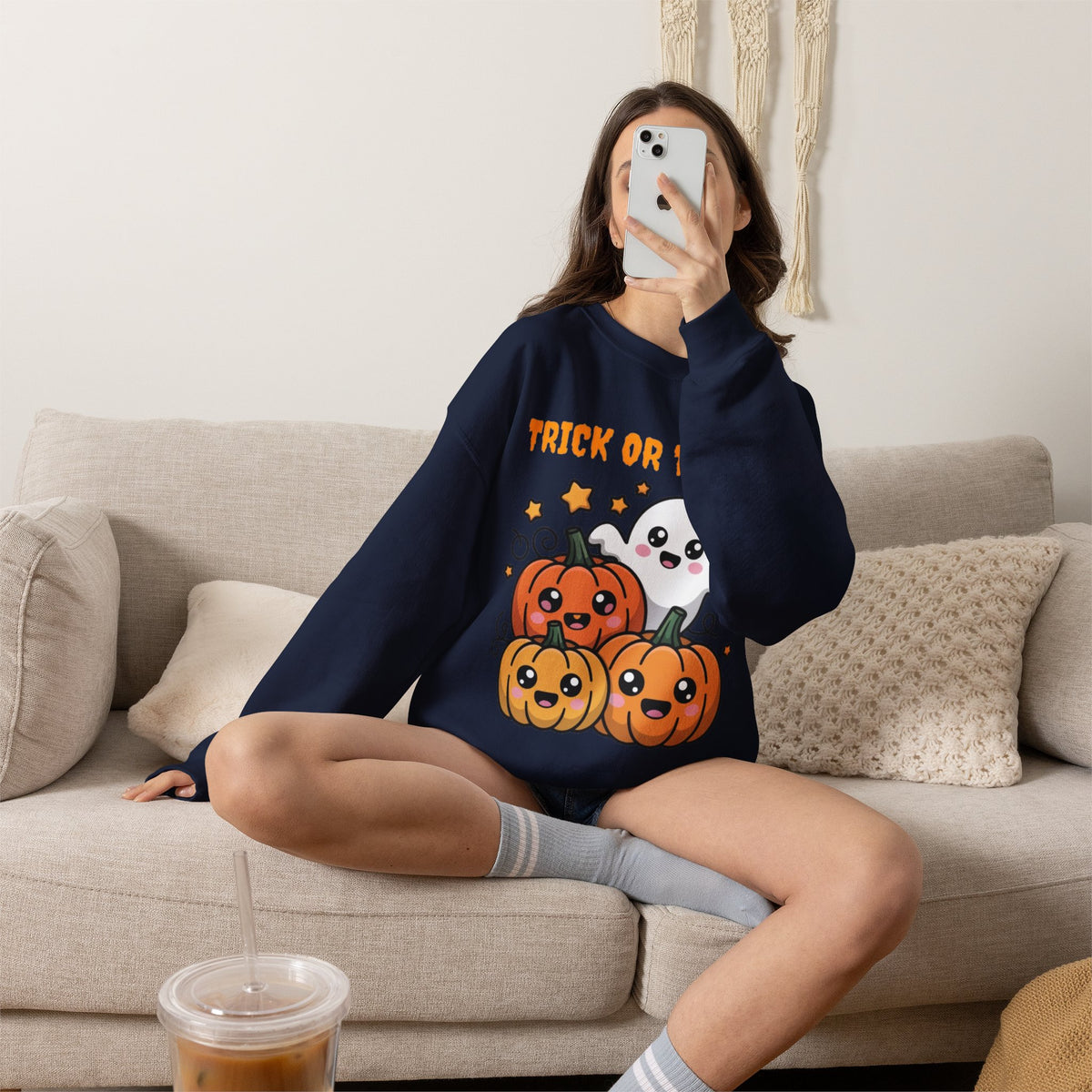 Halloween "Trick or Treat" Sweatshirt — Cute Ghost & Pumpkins Crewneck