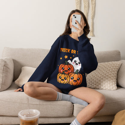 Halloween "Trick or Treat" Sweatshirt — Cute Ghost & Pumpkins Crewneck