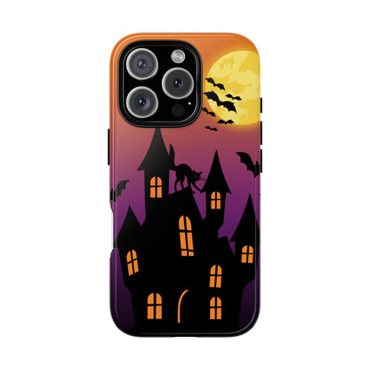 Halloween Haunted Castle Tough Phone Case — Moon, Bats & Cat iPhone Cover