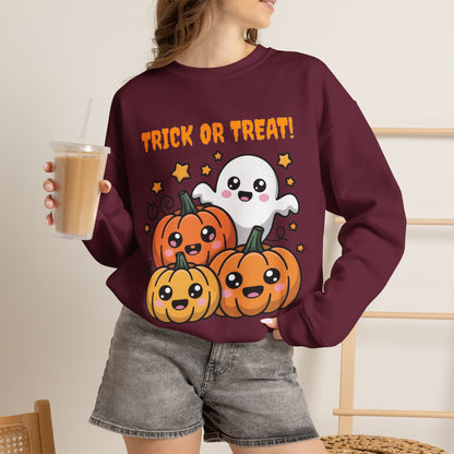 Halloween "Trick or Treat" Sweatshirt — Cute Ghost & Pumpkins Crewneck