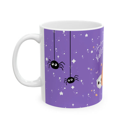 Halloween Ghost & Pumpkins Ceramic Mug — "Happy Halloween" Cute Spooky Coffee Cup (11oz/15oz)
