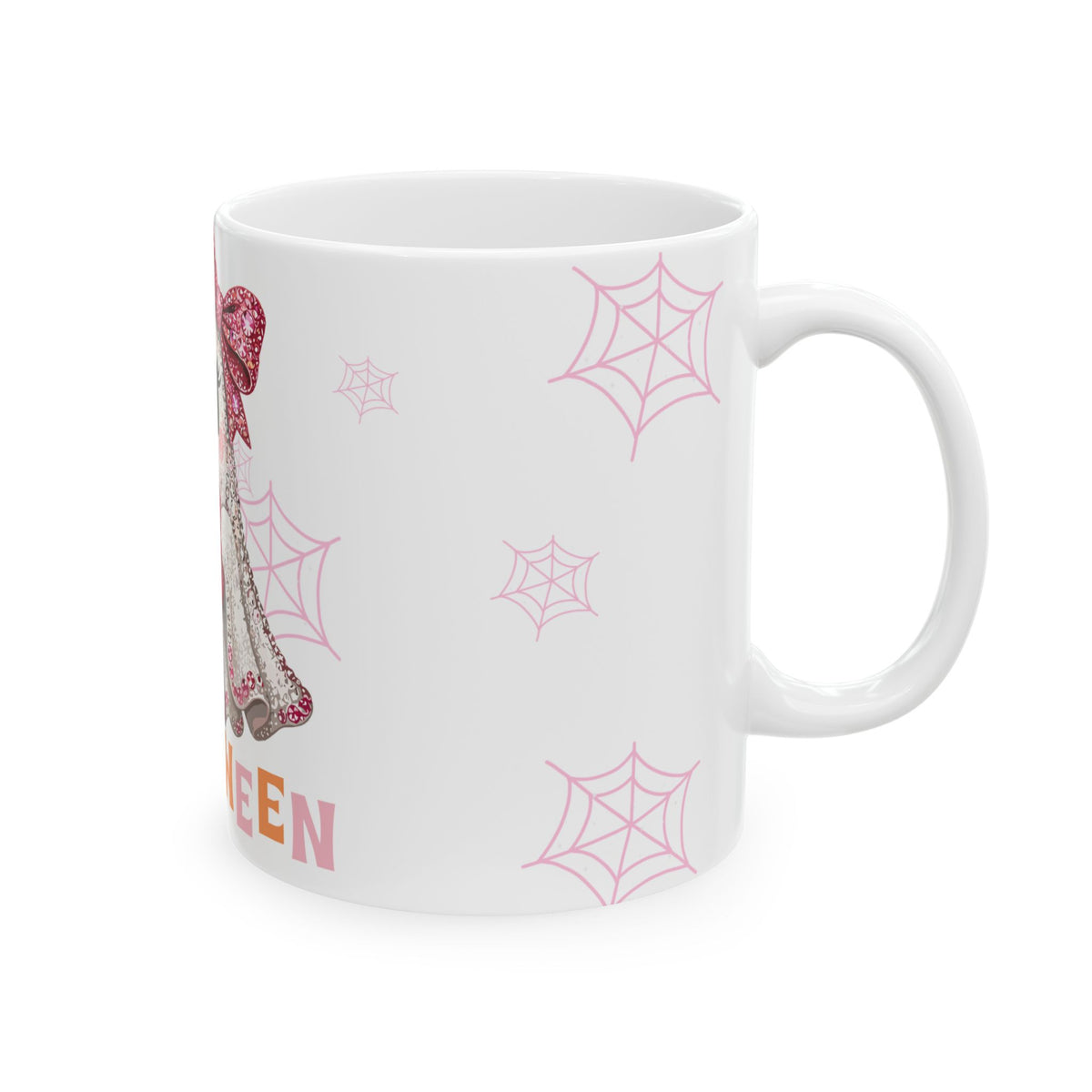 Cute Pink Ghost Halloween Mug — Sparkly Bow Pumpkin Coffee Cup (11oz & 15oz)