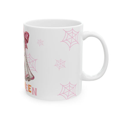 Cute Pink Ghost Halloween Mug — Sparkly Bow Pumpkin Coffee Cup (11oz & 15oz)