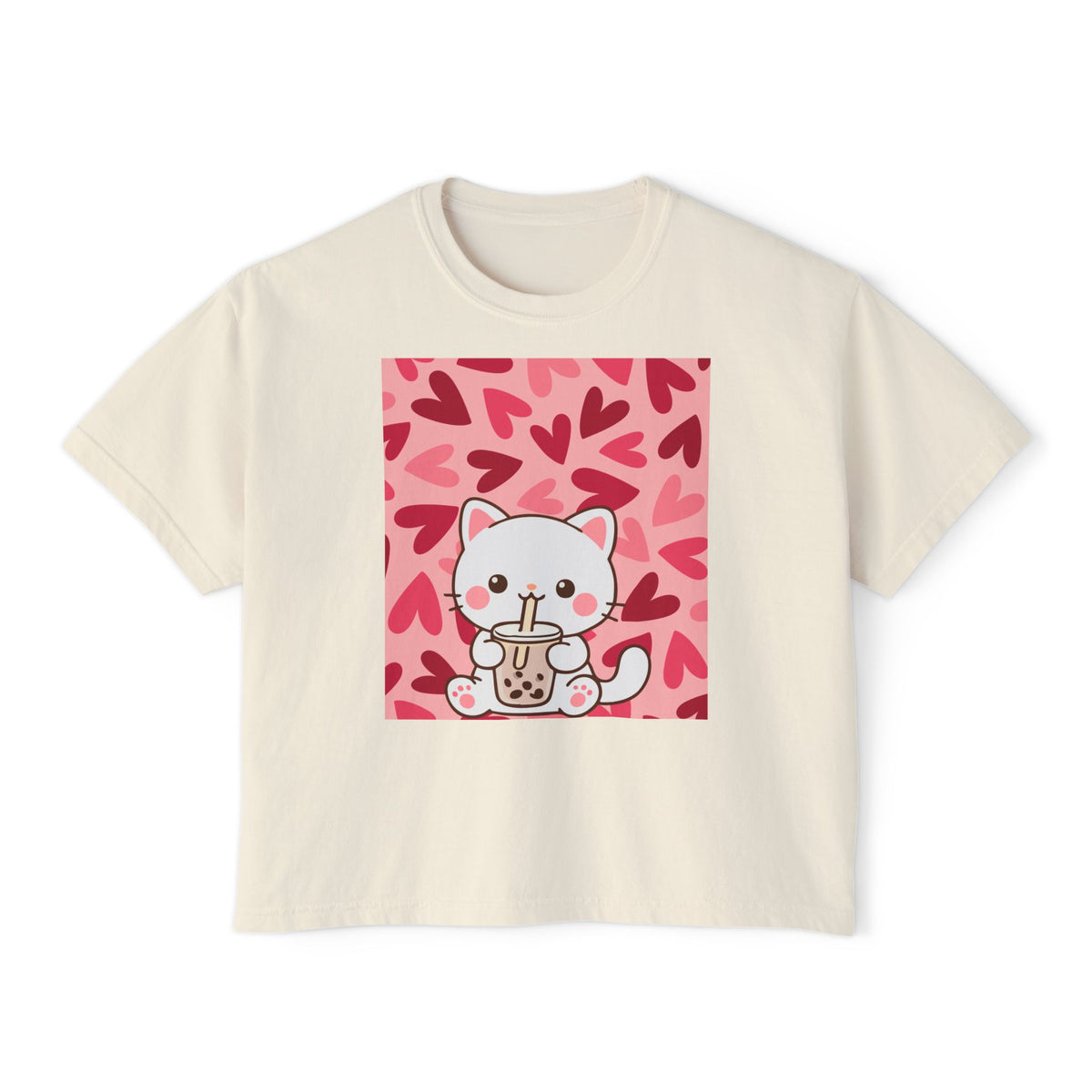Cute Cat Bubble Tea Boxy Tee — Kawaii Heart Graphic Women's Crop T‑Shirt
