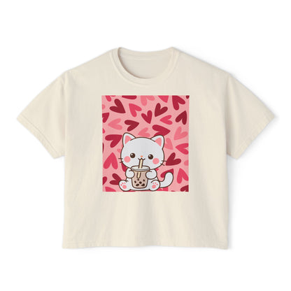 Cute Cat Bubble Tea Boxy Tee — Kawaii Heart Graphic Women's Crop T‑Shirt