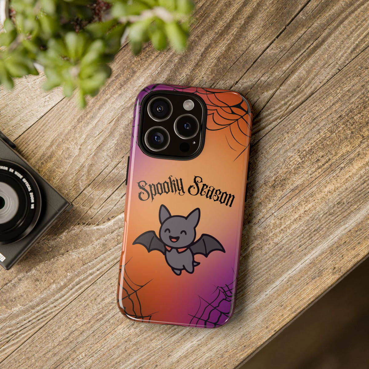 Spooky Season Cute Bat Phone Case — Halloween Gradient Spiderweb Tough Case