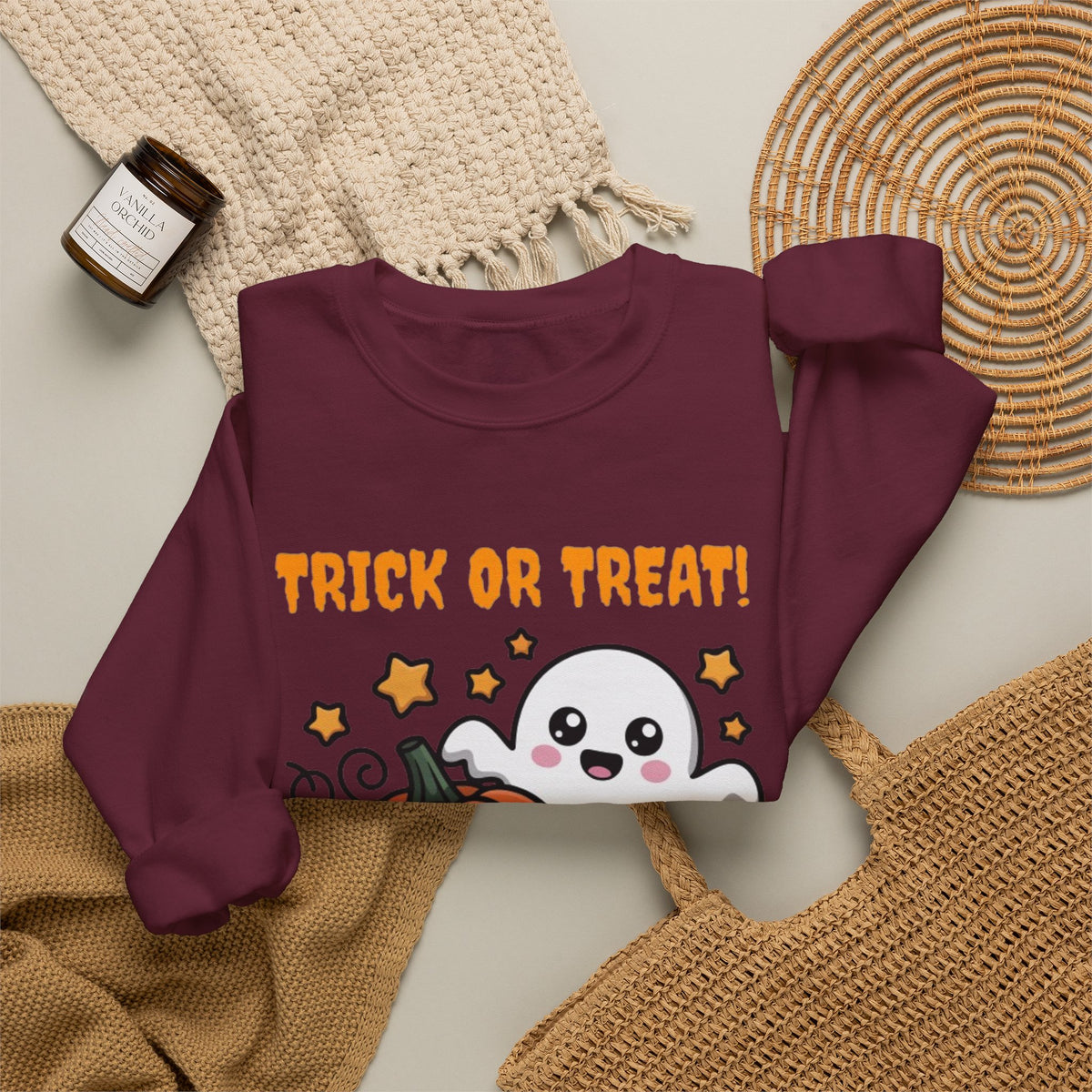 Halloween "Trick or Treat" Sweatshirt — Cute Ghost & Pumpkins Crewneck