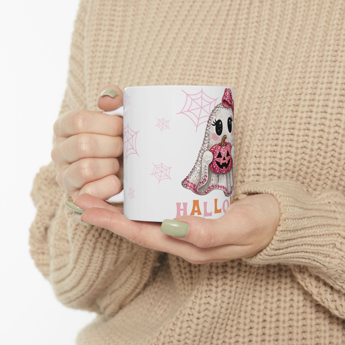Cute Pink Ghost Halloween Mug — Sparkly Bow Pumpkin Coffee Cup (11oz & 15oz)