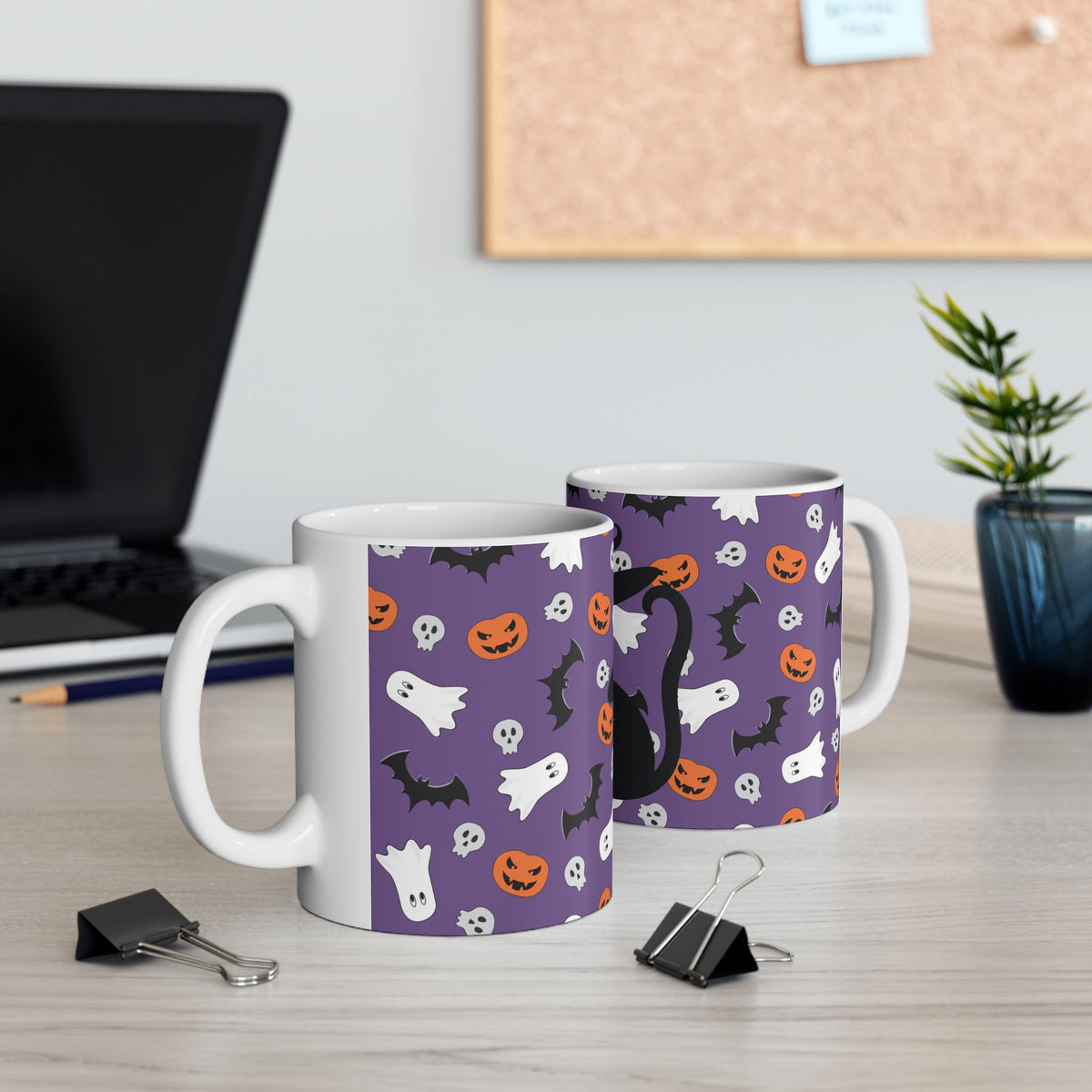 Halloween Black Cat Mug — Cute Witch Cat, Ghosts & Pumpkins Ceramic Coffee Cup (11oz/15oz)
