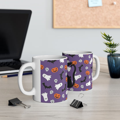 Halloween Black Cat Mug — Cute Witch Cat, Ghosts & Pumpkins Ceramic Coffee Cup (11oz/15oz)