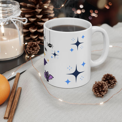 Halloween Cute Bat Ceramic Mug (11oz & 15oz) — Kawaii Purple Bats & Spiders