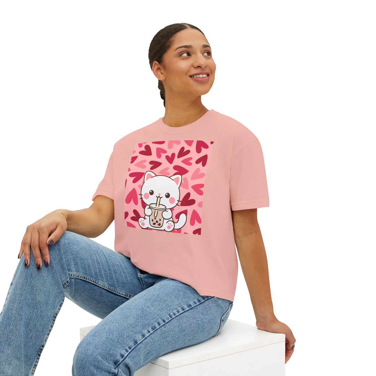 Cute Cat Bubble Tea Boxy Tee — Kawaii Heart Graphic Women's Crop T‑Shirt