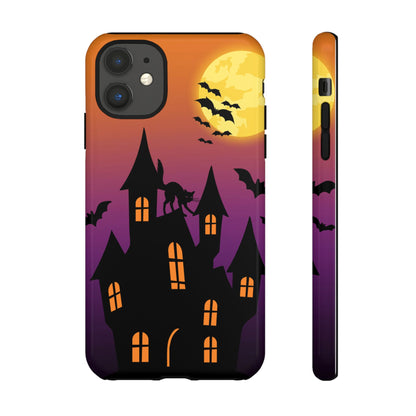 Halloween Haunted Castle Tough Phone Case — Moon, Bats & Cat iPhone Cover