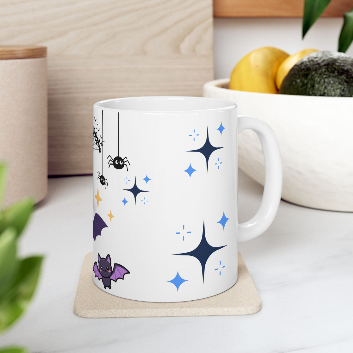 Halloween Cute Bat Ceramic Mug (11oz & 15oz) — Kawaii Purple Bats & Spiders