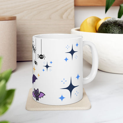 Halloween Cute Bat Ceramic Mug (11oz & 15oz) — Kawaii Purple Bats & Spiders