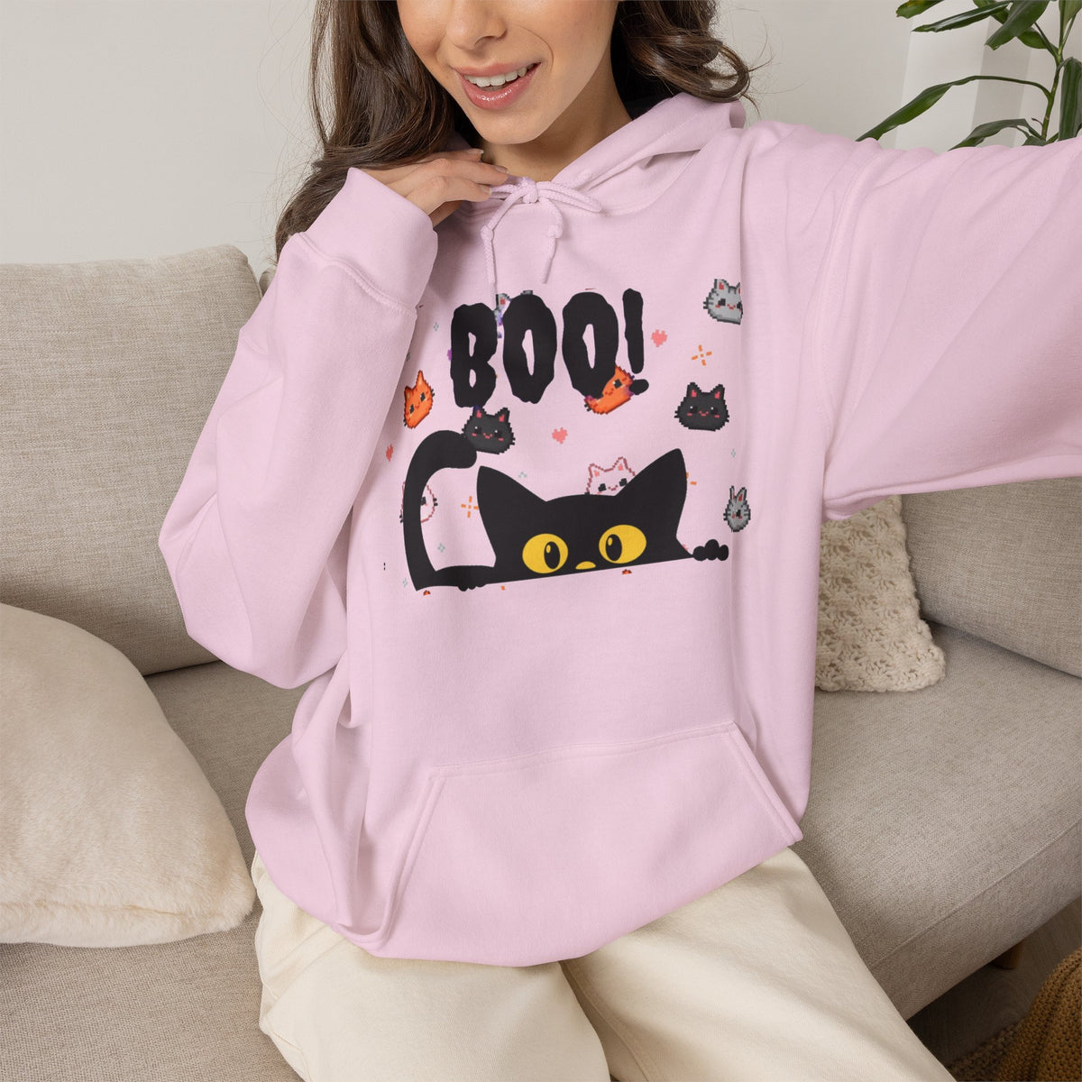 Halloween Cat 'Boo' Hoodie – Cute Spooky Black Cat Pullover