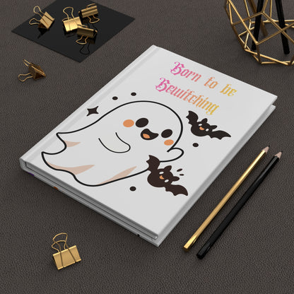 Cute Halloween Ghost Hardcover Journal — "Born to be Bewitching" Lined Notebook