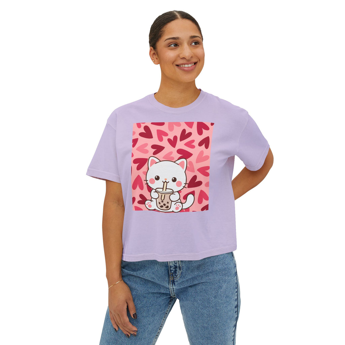 Cute Cat Bubble Tea Boxy Tee — Kawaii Heart Graphic Women's Crop T‑Shirt