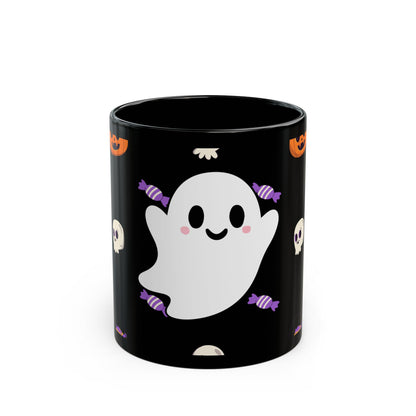 Halloween Ghost Candy Black Mug — Cute Spooky Coffee Cup (11oz & 15oz)
