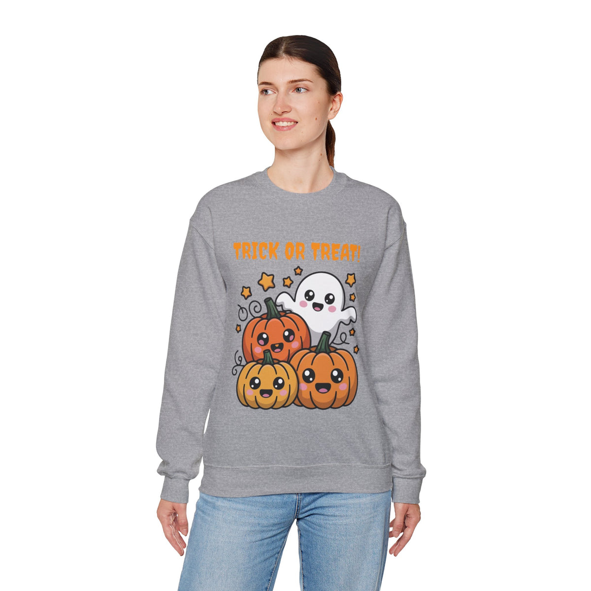Halloween "Trick or Treat" Sweatshirt — Cute Ghost & Pumpkins Crewneck