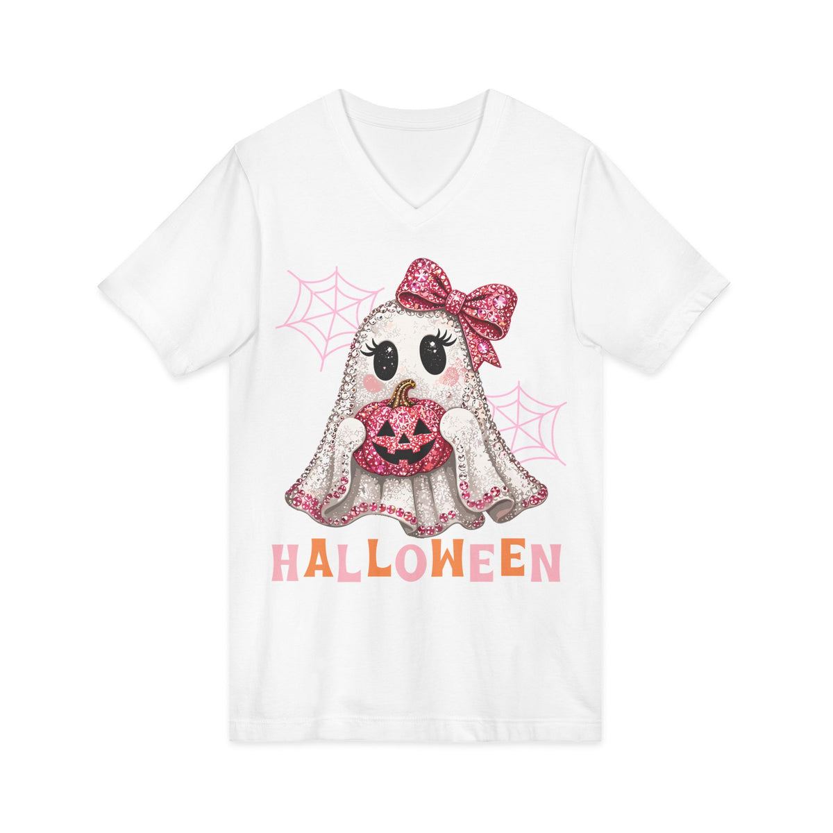 Cute Pink Ghost Halloween V-Neck Tee – Glitter Bow Trick-or-Treat Shirt