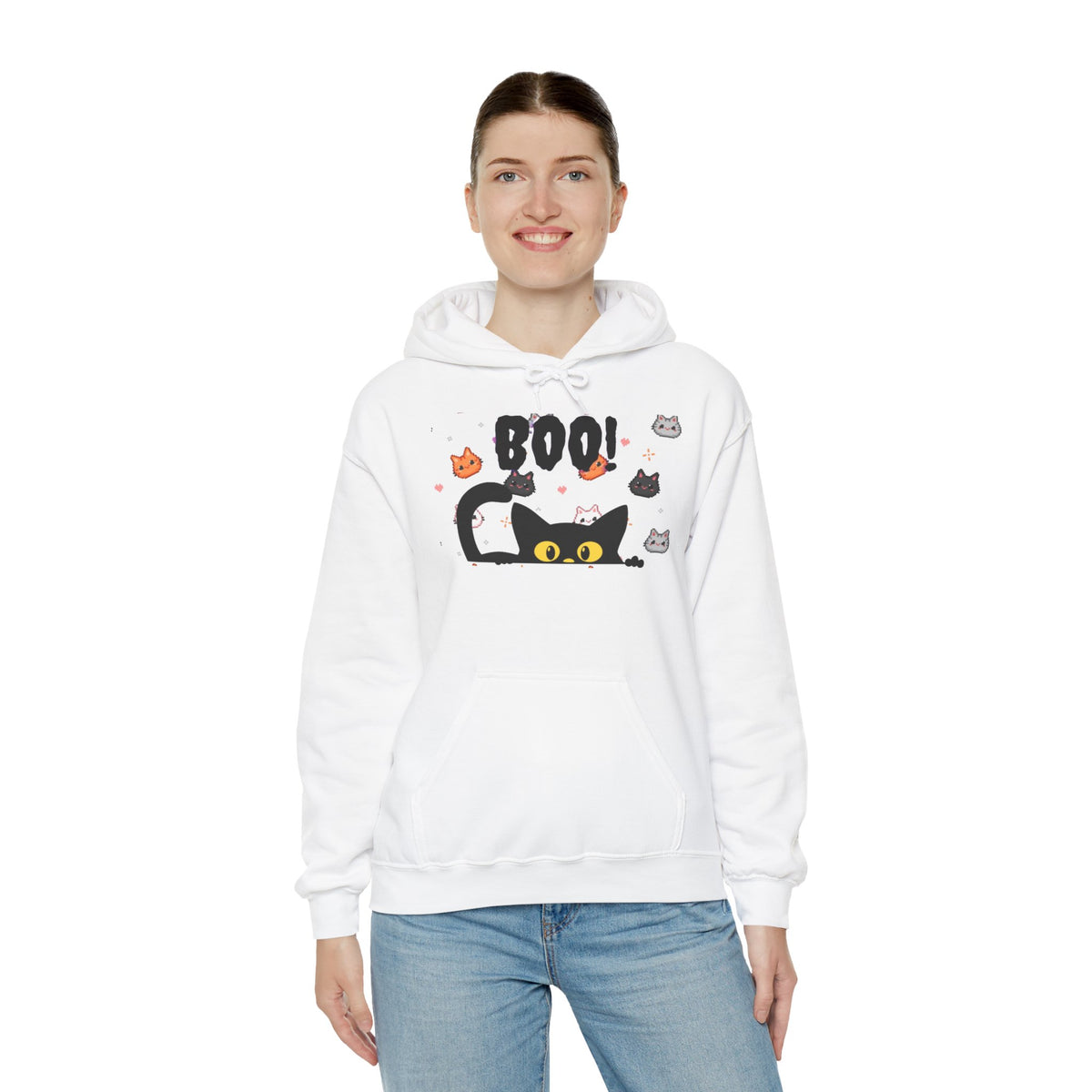 Halloween Cat 'Boo' Hoodie – Cute Spooky Black Cat Pullover