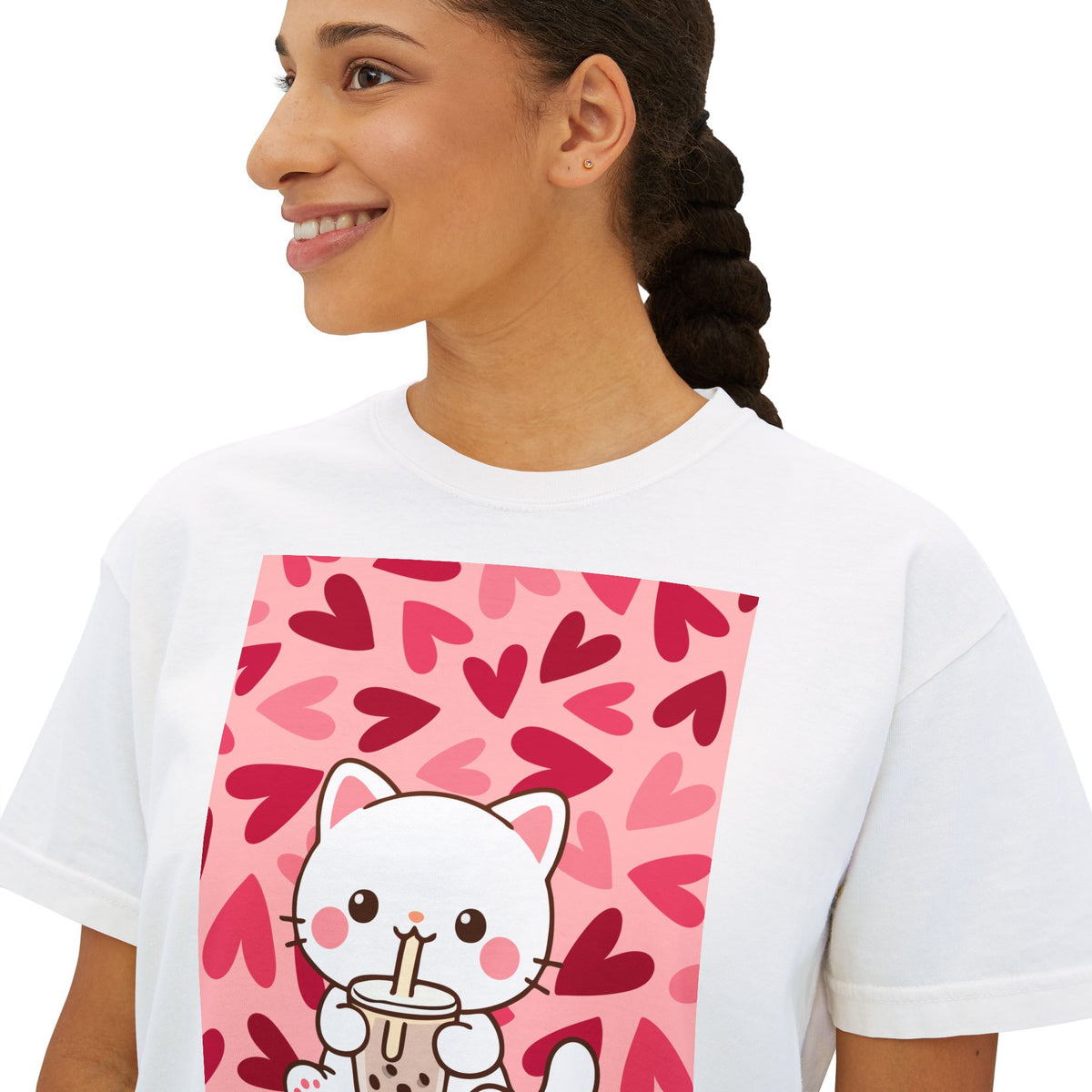 Cute Cat Bubble Tea Boxy Tee — Kawaii Heart Graphic Women's Crop T‑Shirt