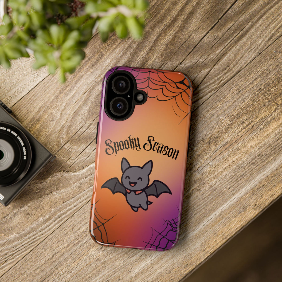 Spooky Season Cute Bat Phone Case — Halloween Gradient Spiderweb Tough Case
