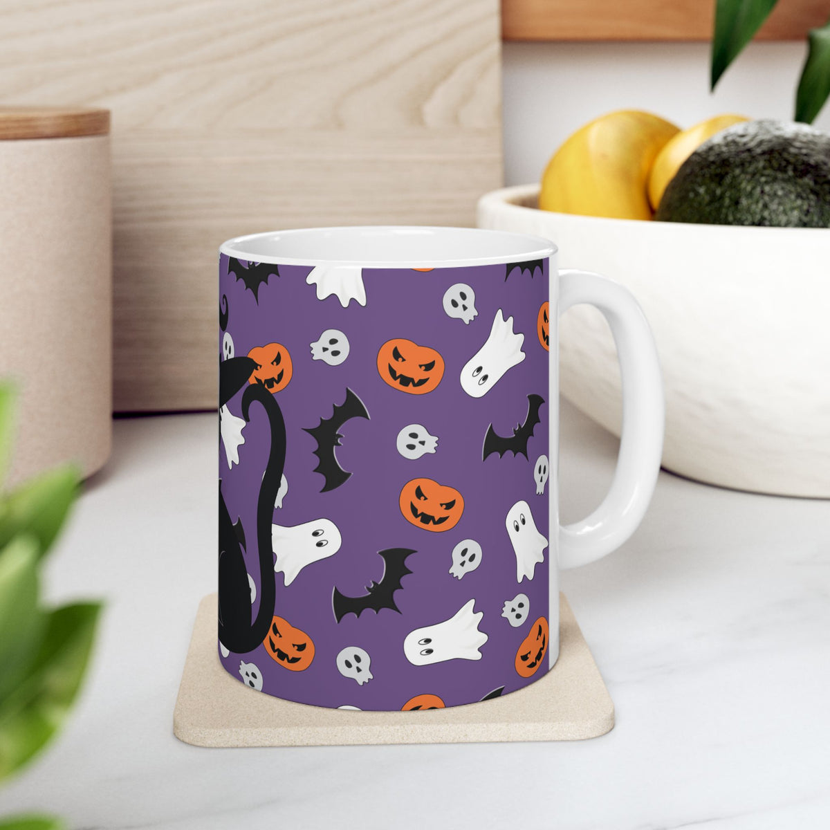 Halloween Black Cat Mug — Cute Witch Cat, Ghosts & Pumpkins Ceramic Coffee Cup (11oz/15oz)