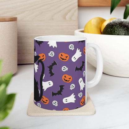 Halloween Black Cat Mug — Cute Witch Cat, Ghosts & Pumpkins Ceramic Coffee Cup (11oz/15oz)