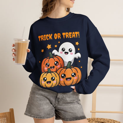 Halloween "Trick or Treat" Sweatshirt — Cute Ghost & Pumpkins Crewneck