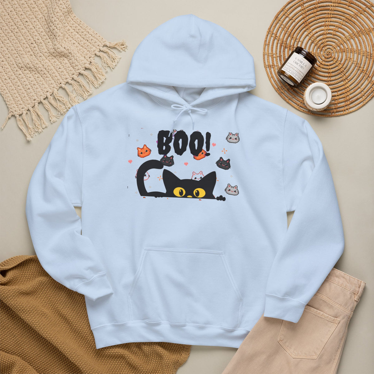 Halloween Cat 'Boo' Hoodie – Cute Spooky Black Cat Pullover