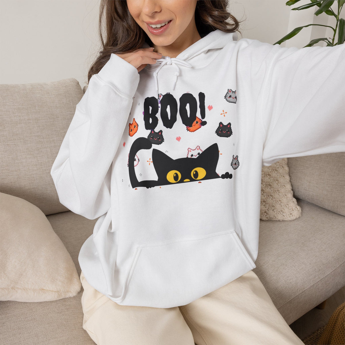 Halloween Cat 'Boo' Hoodie – Cute Spooky Black Cat Pullover
