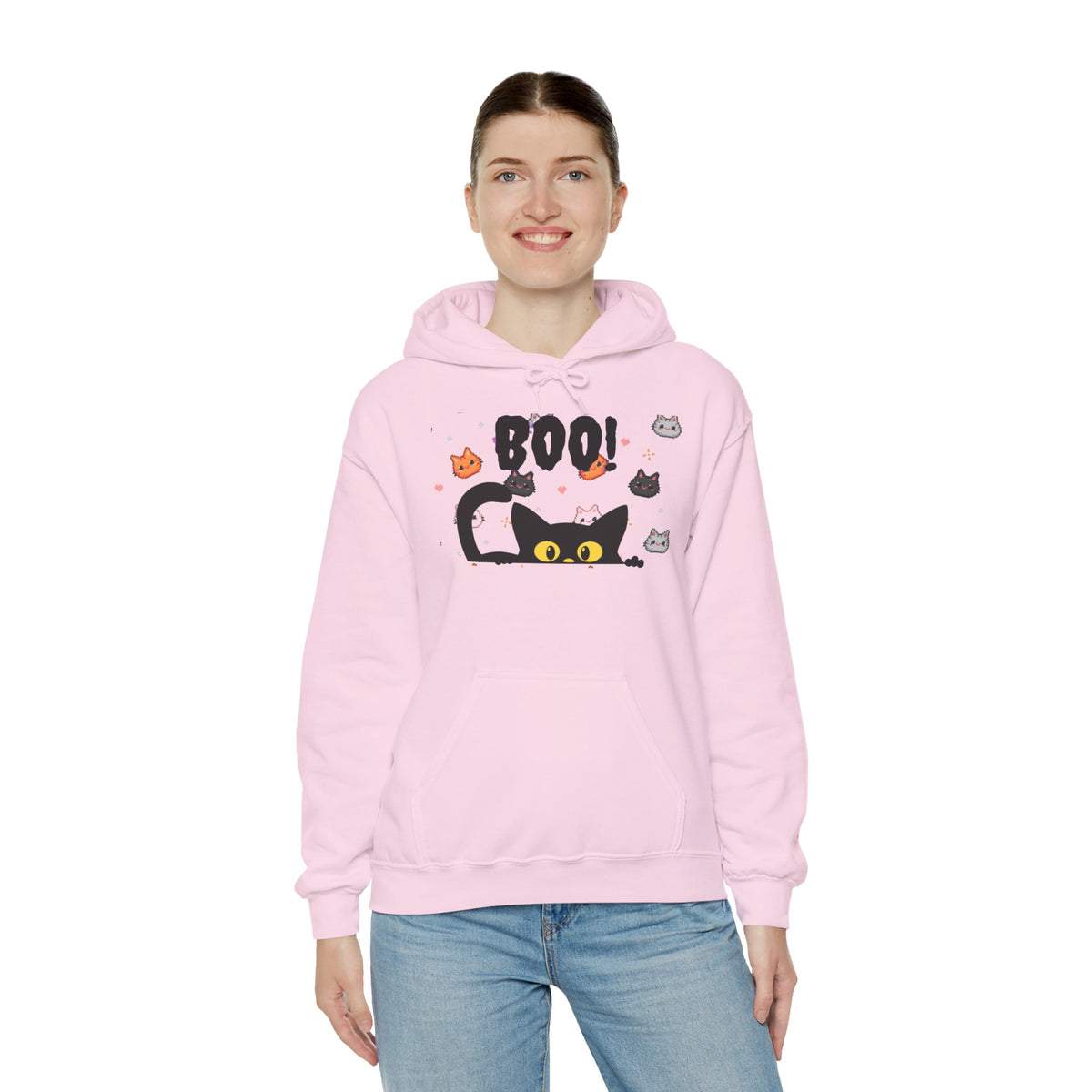Halloween Cat 'Boo' Hoodie – Cute Spooky Black Cat Pullover