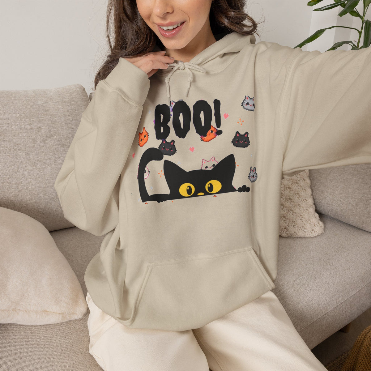 Halloween Cat 'Boo' Hoodie – Cute Spooky Black Cat Pullover