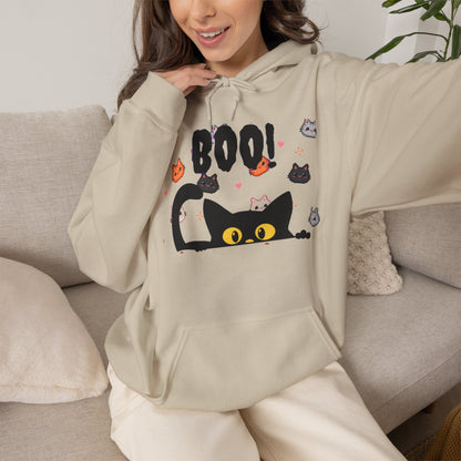 Halloween Cat 'Boo' Hoodie – Cute Spooky Black Cat Pullover