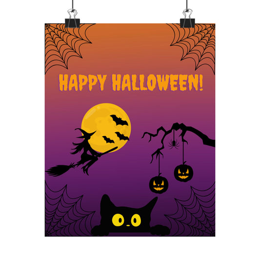 Happy Halloween Matte Poster 8x10 – Cat, Witch & Pumpkin