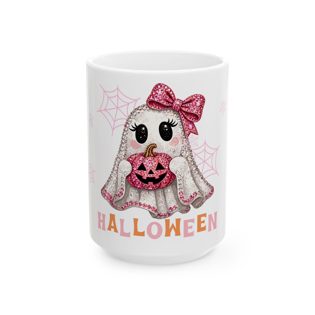 Cute Pink Ghost Halloween Mug — Sparkly Bow Pumpkin Coffee Cup (11oz & 15oz)