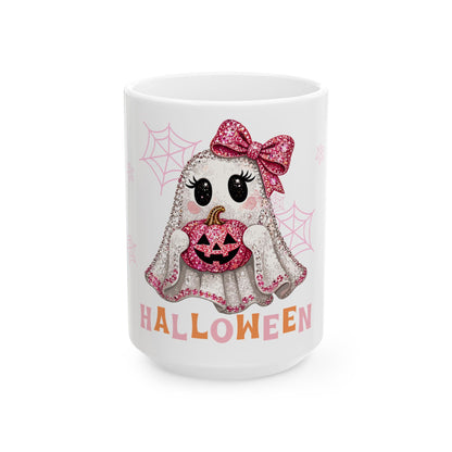 Cute Pink Ghost Halloween Mug — Sparkly Bow Pumpkin Coffee Cup (11oz & 15oz)