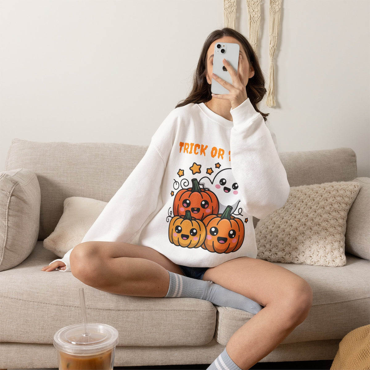 Halloween "Trick or Treat" Sweatshirt — Cute Ghost & Pumpkins Crewneck